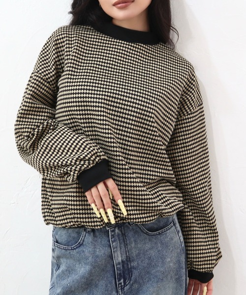 CECIL McBEE（セシルマクビー）の「ハニカム柄ジャガードリブ配色トップス（Tシャツ/カットソー・レディース・グリーン/ブラック/ブルー・MEDIUM/LARGE）」の7枚目の写真