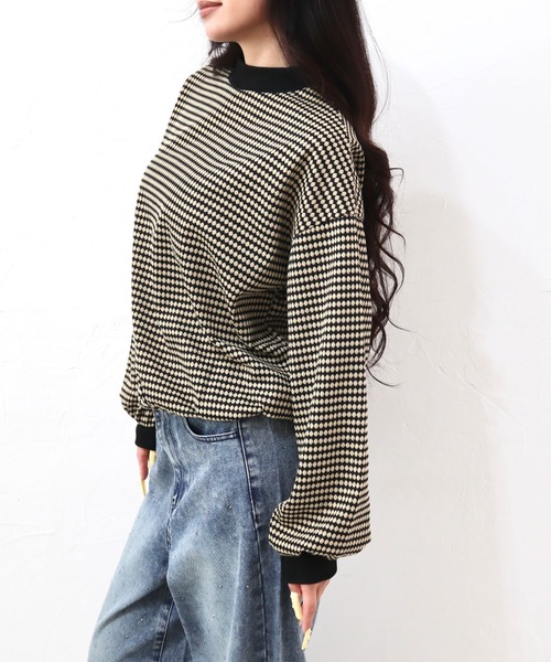 CECIL McBEE（セシルマクビー）の「ハニカム柄ジャガードリブ配色トップス（Tシャツ/カットソー・レディース・グリーン/ブラック/ブルー・MEDIUM/LARGE）」の8枚目の写真