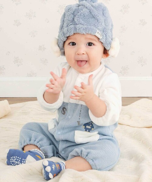 SLAP SLIP BABY（スラップスリップベビー）の「【お揃い】アニマルクマ恐竜おもちゃ切り替え2WAYオールベビー(50~70cm)（ロンパース・キッズ・ブルー/ベージュ・FREE）」の2枚目の写真