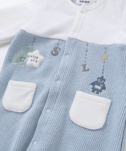 SLAP SLIP BABY（スラップスリップベビー）の「【お揃い】アニマルクマ恐竜おもちゃ切り替え2WAYオールベビー(50~70cm)（ロンパース・キッズ・ブルー/ベージュ・FREE）」の9枚目の写真