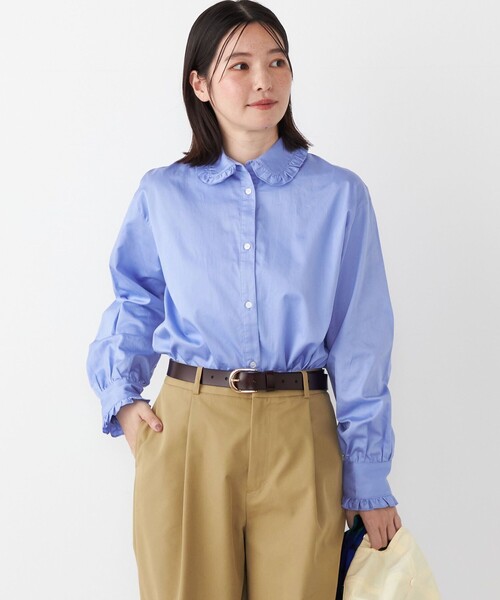 美品✨ルフィル ラウンドカラーブラウス シャツ トップス ブルー ラスターブロードバックスリットブラウス | LE PHIL（ル フィル