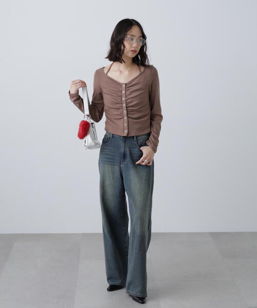 FREE'S MART（フリーズマート）の「◆フロントギャザーデコルテカットソー（Tシャツ/カットソー・レディース・ホワイト/ブラウン/グレー・FREE）」の6枚目の写真