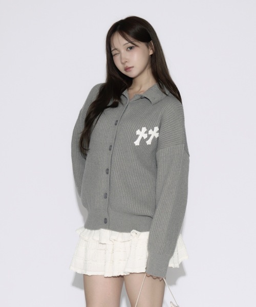tinkerend(ティンカーエンド)の「High Neck Cross Knit Cardigan / ハイネッククロスニットカーディガン ポロカーディガン(ニット/セーター・レディース・アイボリー/ピンク/グレー/ブラック・FREE/L/XL)」の3枚目の写真