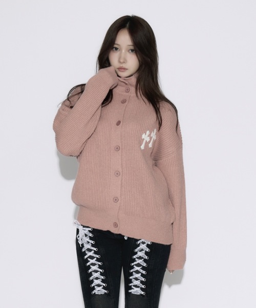 tinkerend(ティンカーエンド)の「High Neck Cross Knit Cardigan / ハイネッククロスニットカーディガン ポロカーディガン(ニット/セーター・レディース・アイボリー/ピンク/グレー/ブラック・FREE/L/XL)」の4枚目の写真