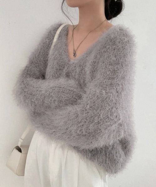 Miniministore(ミニミニストア)の「シャギーニットカーディガン モヘアタッチ(ニット/セーター・レディース・ブラック/グレー/ホワイト/スモークピンク・FREE)」の3枚目の写真