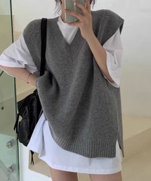 【中厚手】Vネック フレンチスリーブ リブ ニット ベスト レディース