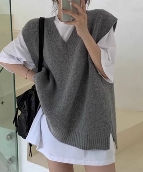 DAY CLOSET（デイ クローゼット）の「【中厚手】Vネック フレンチスリーブ リブ ニット ベスト レディース（ベスト・レディース・グレー/ブラック/ライトグレー・FREE）」の3枚目の写真