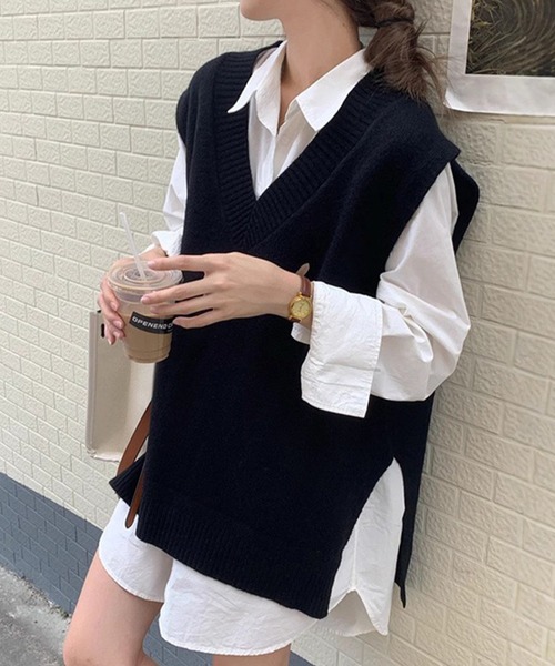 DAY CLOSET（デイ クローゼット）の「【中厚手】Vネック フレンチスリーブ リブ ニット ベスト レディース（ベスト・レディース・グレー/ブラック/ライトグレー・FREE）」の2枚目の写真