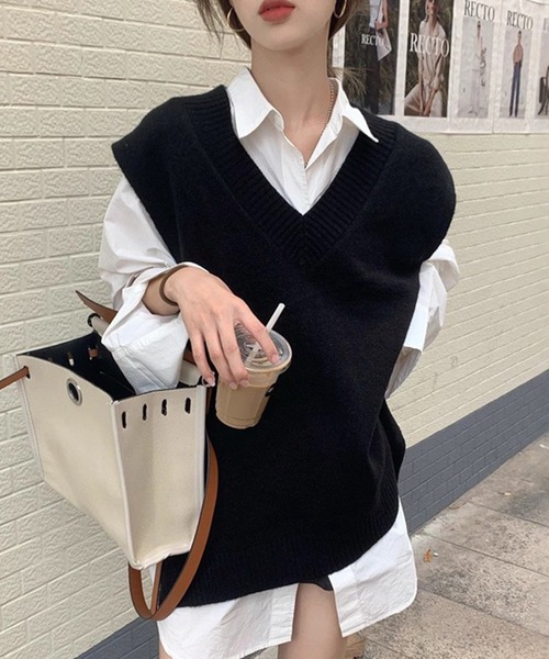 DAY CLOSET（デイ クローゼット）の「【中厚手】Vネック フレンチスリーブ リブ ニット ベスト レディース（ベスト・レディース・グレー/ブラック/ライトグレー・FREE）」の4枚目の写真