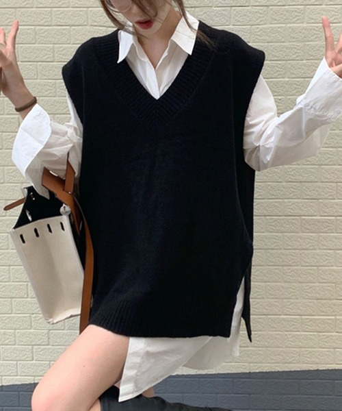 DAY CLOSET（デイ クローゼット）の「【中厚手】Vネック フレンチスリーブ リブ ニット ベスト レディース（ベスト・レディース・グレー/ブラック/ライトグレー・FREE）」の5枚目の写真