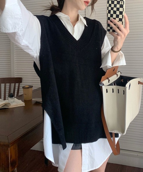 DAY CLOSET（デイ クローゼット）の「【中厚手】Vネック フレンチスリーブ リブ ニット ベスト レディース（ベスト・レディース・グレー/ブラック/ライトグレー・FREE）」の7枚目の写真