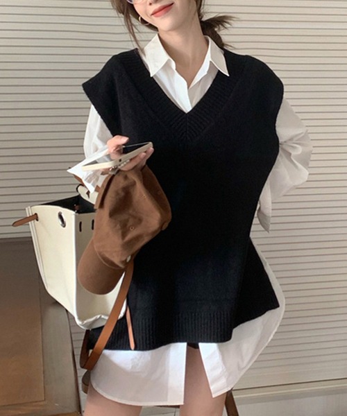 DAY CLOSET（デイ クローゼット）の「【中厚手】Vネック フレンチスリーブ リブ ニット ベスト レディース（ベスト・レディース・グレー/ブラック/ライトグレー・FREE）」の6枚目の写真