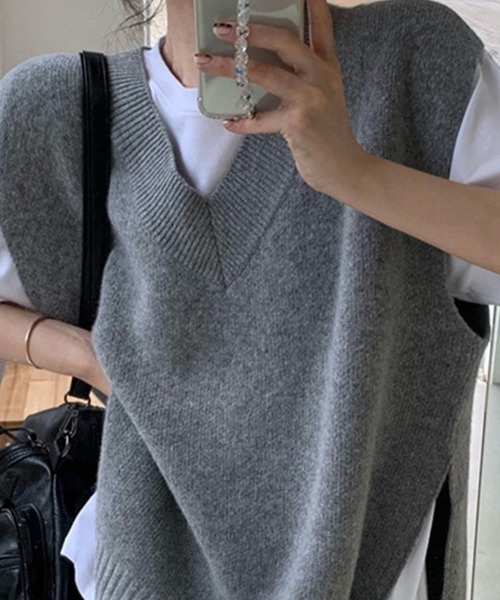 DAY CLOSET（デイ クローゼット）の「【中厚手】Vネック フレンチスリーブ リブ ニット ベスト レディース（ベスト・レディース・グレー/ブラック/ライトグレー・FREE）」の16枚目の写真