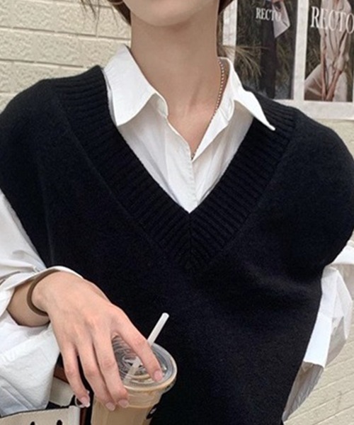 DAY CLOSET（デイ クローゼット）の「【中厚手】Vネック フレンチスリーブ リブ ニット ベスト レディース（ベスト・レディース・グレー/ブラック/ライトグレー・FREE）」の17枚目の写真