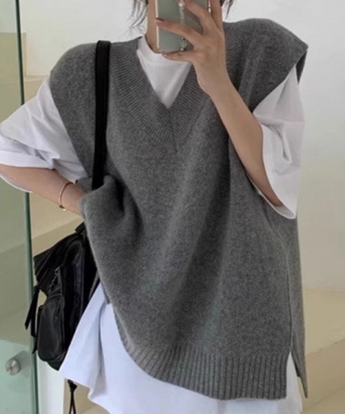 DAY CLOSET（デイ クローゼット）の「【中厚手】Vネック フレンチスリーブ リブ ニット ベスト レディース（ベスト・レディース・グレー/ブラック/ライトグレー・FREE）」の18枚目の写真