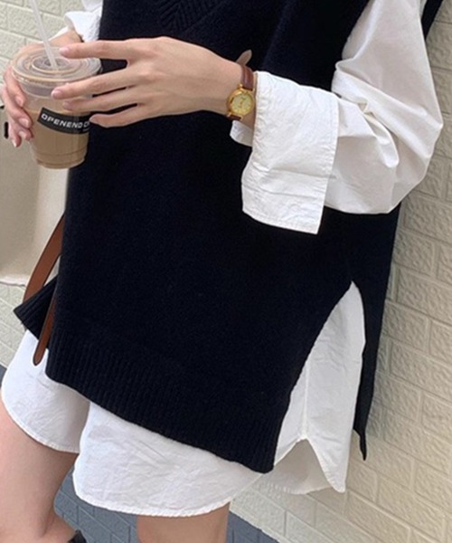 DAY CLOSET（デイ クローゼット）の「【中厚手】Vネック フレンチスリーブ リブ ニット ベスト レディース（ベスト・レディース・グレー/ブラック/ライトグレー・FREE）」の19枚目の写真