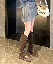 レースアップデザイン バックジップ ロングブーツ