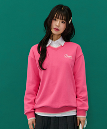 レディース ティップ配色VネックスウェットTシャツ-ピンク