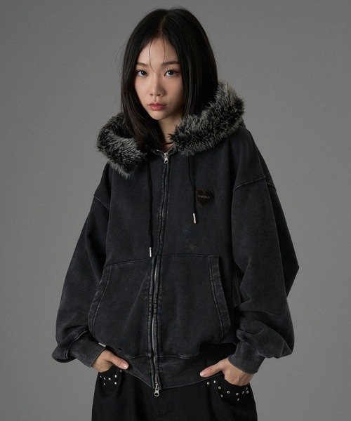 HEART PATCH FAUX-FUR ZIP HOODIE / ハートパッチフェイクファージップ