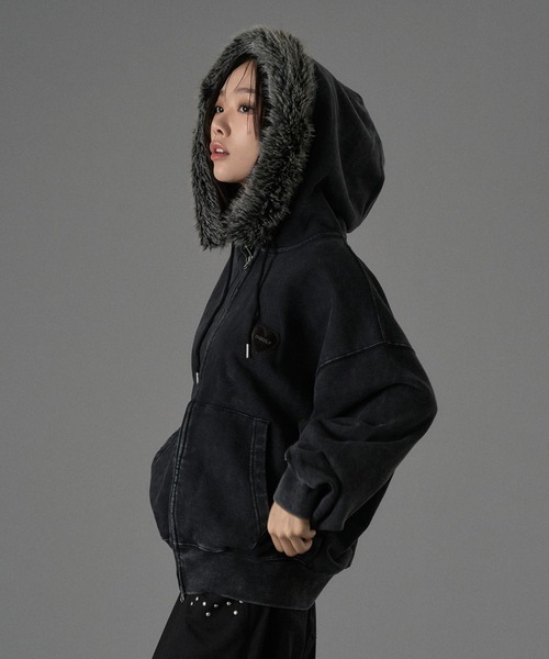 新品タグ付き シークレットトロフィー ボンディングパーカー フード付き HEART PATCH FAUX-FUR ZIP HOODIE / ハートパッチフェイクファージップ