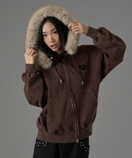 HEART PATCH FAUX-FUR ZIP HOODIE / ハートパッチフェイクファージップ