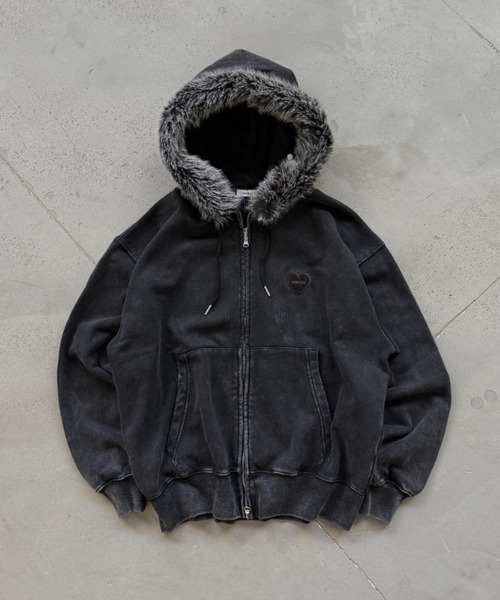 HEART PATCH FAUX-FUR ZIP HOODIE / ハートパッチフェイクファージップ