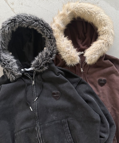 HEART PATCH FAUX-FUR ZIP HOODIE / ハートパッチフェイクファージップ