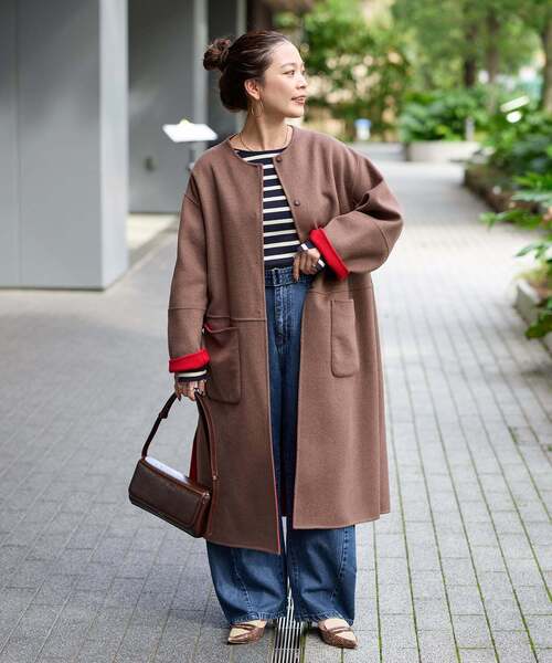 B.C STOCK（ベーセーストック）の「《追加》S120ブレンドリバーシブルコート（ノーカラーコート・レディース・グレー/チョコ/ネイビー/ブラック/チャコールグレー/ブラウン・SMALL/MEDIUM）」の5枚目の写真