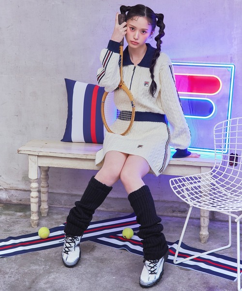 宜*す様 【3連休限定タイムセール】【Randy】ホワイトニットケーブル セット FILA×REDYAZEL］ケーブルニットトリコロールラインジャケット