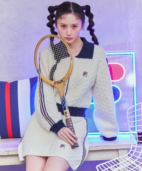 REDYAZEL（レディアゼル）の「［FILA×REDYAZEL］ケーブルニットトリコロールラインジャケット×タイトミニスカートセットアップ（セットアップ・レディース・ネイビー/オフホワイト・FREE）」の4枚目の写真