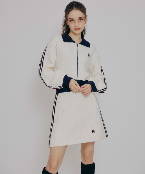 REDYAZEL（レディアゼル）の「［FILA×REDYAZEL］ケーブルニットトリコロールラインジャケット×タイトミニスカートセットアップ（セットアップ・レディース・ネイビー/オフホワイト・FREE）」の7枚目の写真