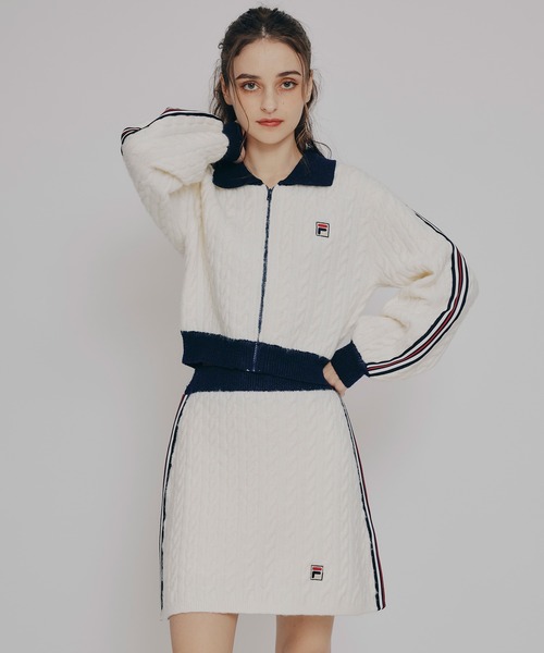 REDYAZEL（レディアゼル）の「［FILA×REDYAZEL］ケーブルニットトリコロールラインジャケット×タイトミニスカートセットアップ（セットアップ・レディース・ネイビー/オフホワイト・FREE）」の9枚目の写真