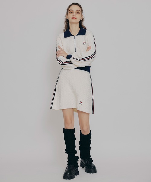 REDYAZEL（レディアゼル）の「［FILA×REDYAZEL］ケーブルニットトリコロールラインジャケット×タイトミニスカートセットアップ（セットアップ・レディース・ネイビー/オフホワイト・FREE）」の10枚目の写真