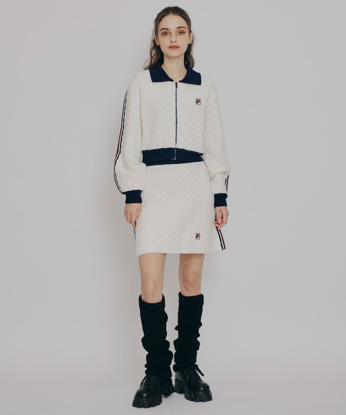 REDYAZEL（レディアゼル）の「［FILA×REDYAZEL］ケーブルニットトリコロールラインジャケット×タイトミニスカートセットアップ（セットアップ・レディース・ネイビー/オフホワイト・FREE）」の11枚目の写真