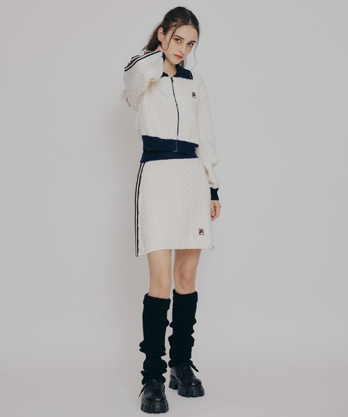 REDYAZEL（レディアゼル）の「［FILA×REDYAZEL］ケーブルニットトリコロールラインジャケット×タイトミニスカートセットアップ（セットアップ・レディース・ネイビー/オフホワイト・FREE）」の12枚目の写真
