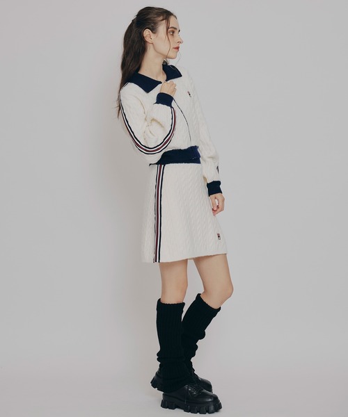 REDYAZEL（レディアゼル）の「［FILA×REDYAZEL］ケーブルニットトリコロールラインジャケット×タイトミニスカートセットアップ（セットアップ・レディース・ネイビー/オフホワイト・FREE）」の13枚目の写真