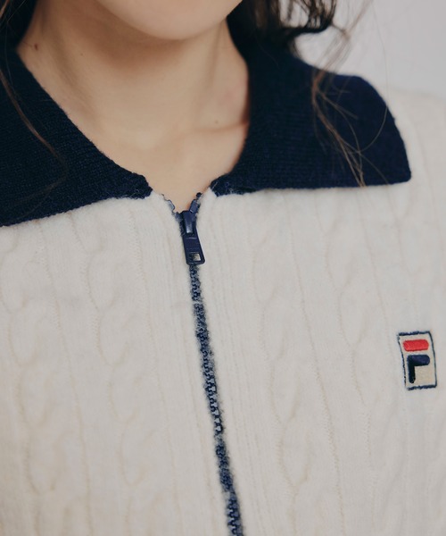 REDYAZEL（レディアゼル）の「［FILA×REDYAZEL］ケーブルニットトリコロールラインジャケット×タイトミニスカートセットアップ（セットアップ・レディース・ネイビー/オフホワイト・FREE）」の15枚目の写真