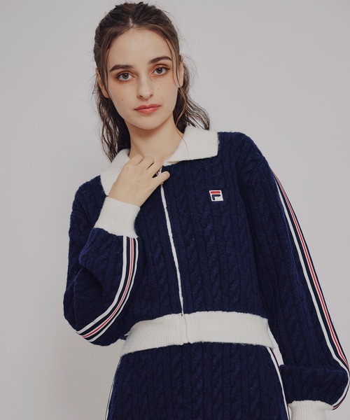 REDYAZEL（レディアゼル）の「［FILA×REDYAZEL］ケーブルニットトリコロールラインジャケット×タイトミニスカートセットアップ（セットアップ・レディース・ネイビー/オフホワイト・FREE）」の17枚目の写真