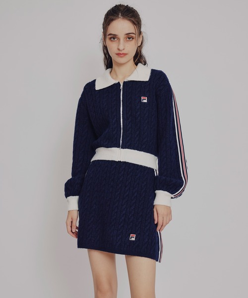REDYAZEL（レディアゼル）の「［FILA×REDYAZEL］ケーブルニットトリコロールラインジャケット×タイトミニスカートセットアップ（セットアップ・レディース・ネイビー/オフホワイト・FREE）」の18枚目の写真