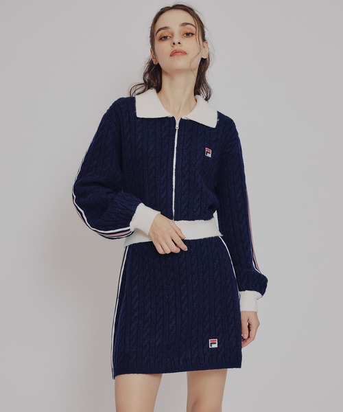 REDYAZEL（レディアゼル）の「［FILA×REDYAZEL］ケーブルニットトリコロールラインジャケット×タイトミニスカートセットアップ（セットアップ・レディース・ネイビー/オフホワイト・FREE）」の19枚目の写真