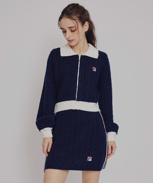 REDYAZEL（レディアゼル）の「［FILA×REDYAZEL］ケーブルニットトリコロールラインジャケット×タイトミニスカートセットアップ（セットアップ・レディース・ネイビー/オフホワイト・FREE）」の20枚目の写真