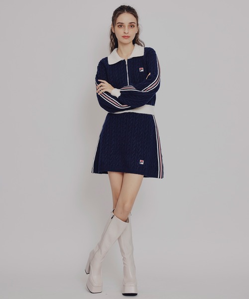 REDYAZEL（レディアゼル）の「［FILA×REDYAZEL］ケーブルニットトリコロールラインジャケット×タイトミニスカートセットアップ（セットアップ・レディース・ネイビー/オフホワイト・FREE）」の21枚目の写真