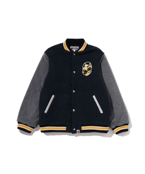 A BATHING APE（アベイシングエイプ）の「1ST CAMO APE HEAD VARSITY JACKET（スタジャン・キッズ・ブラック/ネイビー・150/160）」の2枚目の写真