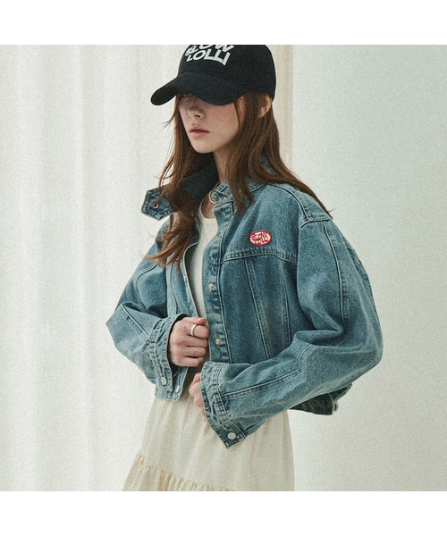 Biker cropped denim jacket - Mid Blue