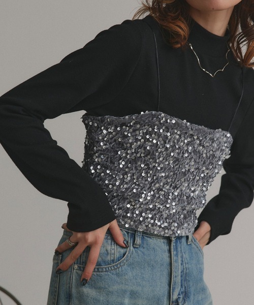 ad thie(アドティエ)の「スパンコール ビスチェ(キャミソール・レディース・シルバー/ブラック・FREE)」の1枚目の写真