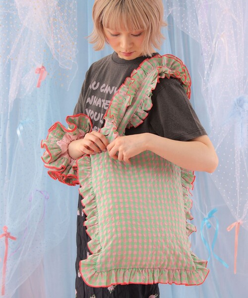 CAROLINA GLASER（カロリナ グレイサー）の「フリル ギンガムチェック トートバッグ（トートバッグ・レディース・グリーン/サックスブルー・ONE SIZE）」の2枚目の写真