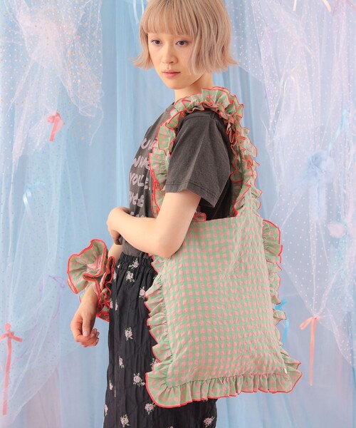 CAROLINA GLASER（カロリナ グレイサー）の「フリル ギンガムチェック トートバッグ（トートバッグ・レディース・グリーン/サックスブルー・ONE SIZE）」の19枚目の写真