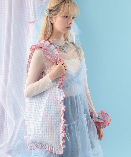 CAROLINA GLASER（カロリナ グレイサー）の「フリル ギンガムチェック トートバッグ（トートバッグ・レディース・グリーン/サックスブルー・ONE SIZE）」の14枚目の写真