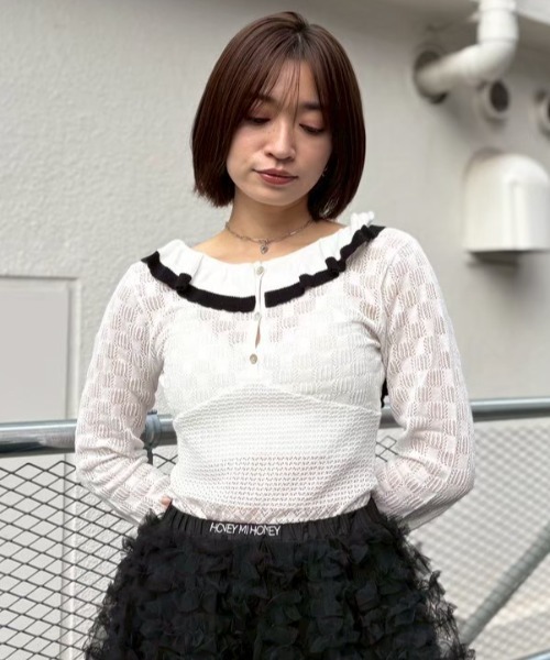 HONEY MI HONEY(ハニーミーハニー)の「crochet frill knit bodysuit(Tシャツ/カットソー・レディース・ホワイト/グレー/ブラック・FREE)」の8枚目の写真