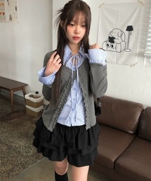 ストライプシャツドッキングラッフルカーディガン